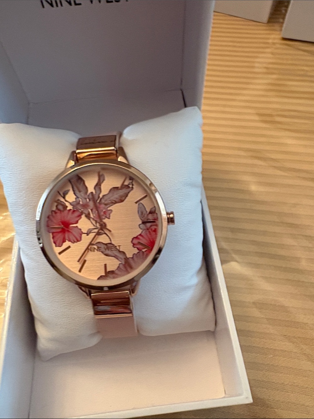 Nine West Rose Gold Floral Dial Watch with Pink Flowers
